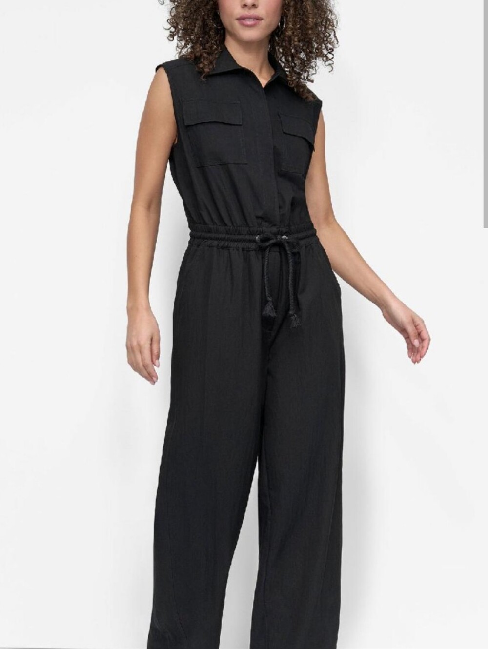 DKNY Black Sleeveless Collared Drawstring Utility Jumpsuit, Size S, Nwt